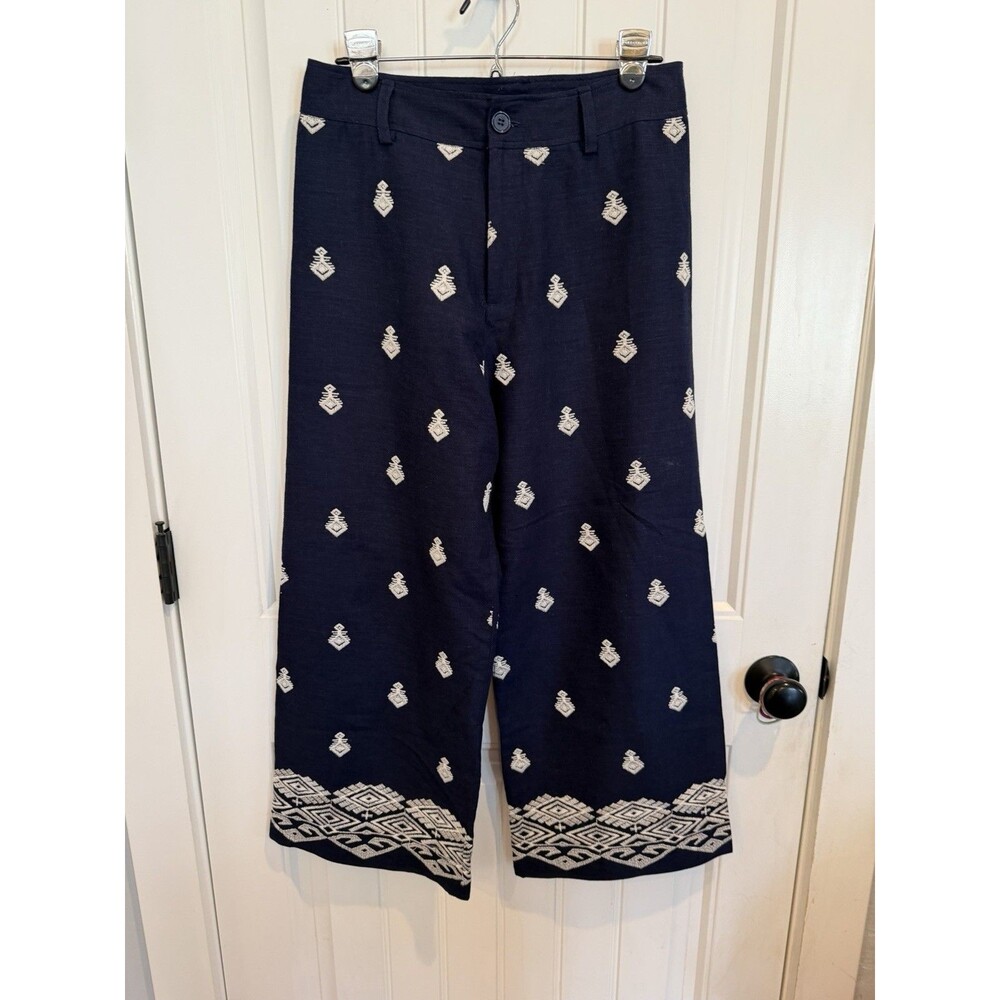 Elie Tahari Pants 8 Navy Embroidered Linen Blend Wide Leg Cropped Boho